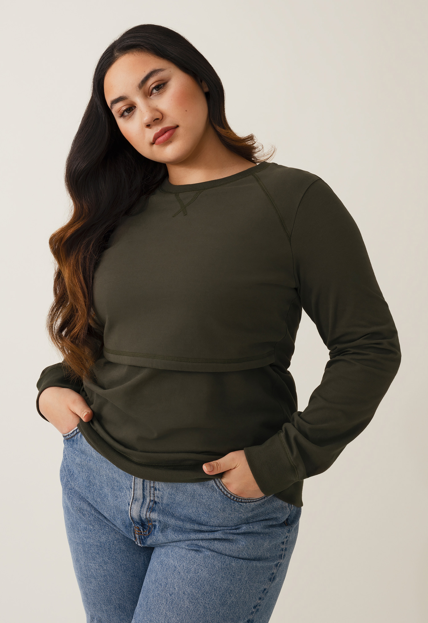 Fleece lined maternity sweatshirt with nursing access - Moss Green