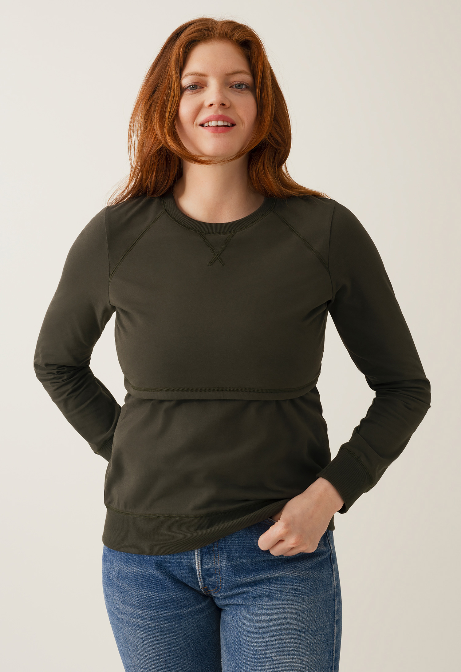 Fleece lined maternity sweatshirt with nursing access - Moss Green gallery